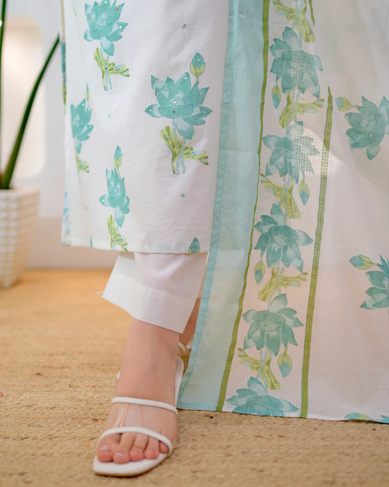 Turquoise premium cotton 3-piece suit set styled for women - Resshaa