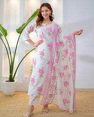 Close-up of lilac lotus floral print on premium cotton suit