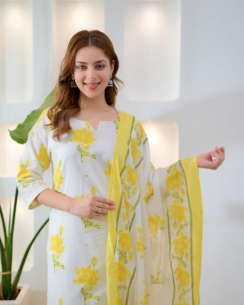 Yellow floral cotton suit dupatta drape detail