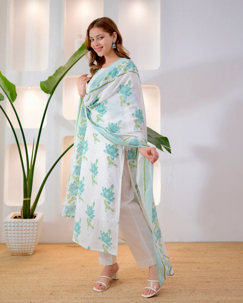 Turquoise cotton suit neckline and lace embroidery detail