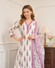 Side view of orchid bloom premium cotton kurta set for women